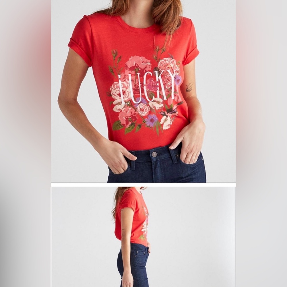 Lucky Brand Boho soft  Red Floral Short Sleeve t -Shirt small